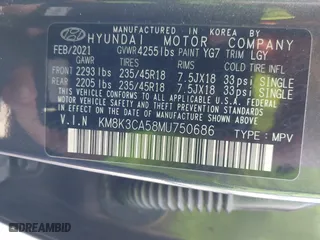 2021 Hyundai Kona Limited with VIN KM8K3CA58MU750686, listed as a IAAI auction lot 41591657 with 63,450 mi miles. Bid and sale history available at carsss.com. Image 9.