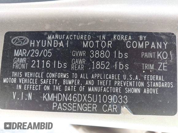 2005 Hyundai Elantra GLS with VIN KMHDN46DX5U109033, listed as a IAAI auction lot 42586032 with 119,550 mi miles and . Bid and sale history available at DreamBid. Image 9.