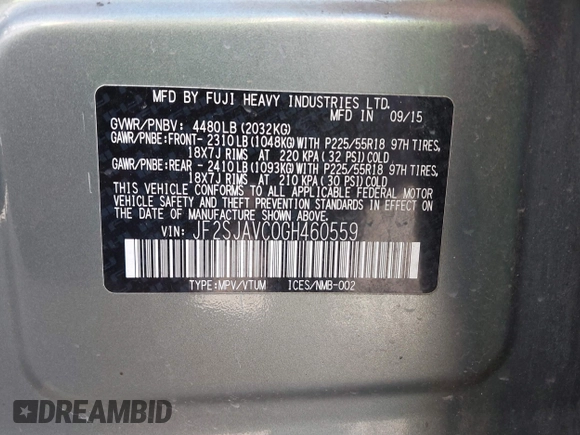 2016 Subaru Forester 2.5i Touring with VIN JF2SJAVC0GH460559, listed as a IAAI auction lot 41829487 with 115,855 mi miles. Bid and sale history available at carsss.com. Image 9.