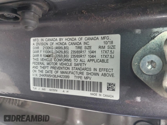 2018 Honda CR-V LX with VIN 2HKRW5H38JH423589, listed as a Copart auction lot 87977035 with 238,898 mi miles and Non Repairable. Bid and sale history available at carsss.com. Image 14.