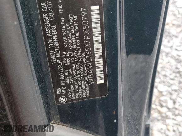 2007 BMW 3 Series 335i with VIN WBAWL73537PX50797, listed as a Copart auction lot 48069905 with 110,180 mi miles and Salvage Title. Bid and sale history available at carsss.com. Image 14.
