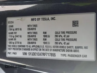 2024 Tesla Model 3 with VIN 5YJ3E1EA7RF717855, listed as a IAAI auction lot 41838814 with 8,750 mi miles and . Bid and sale history available at DreamBid. Image 9.