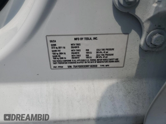 2024 Tesla Model Y с VIN 7SAYGDED3RF182859, выставлен на аукционе Copart как лот 61368825 с пробегом 13 914 миль миль и Списание • Salvage title. История ставок и продаж доступна на DreamBid. Изображение 12.