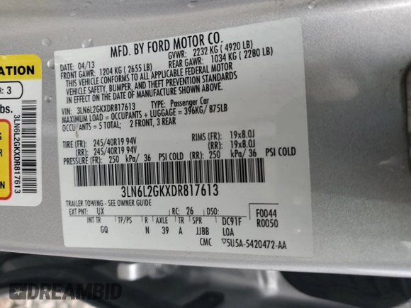 2013 Lincoln MKZ z VIN 3LN6L2GKXDR817613, wystawiony jako Copart lot #50604405 z przebiegiem Nie podano mil oraz Szkoda całkowita • Salvage title. Historia ofert i sprzedaży dostępna na DreamBid. Obrazek 12.