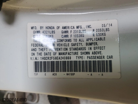 2014 Honda Accord Sedan Sport with VIN 1HGCR2F58EA240868, listed as a Copart auction lot 49003045 with 169,209 mi miles and Salvage Title. Bid and sale history available at carsss.com. Image 14.