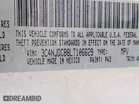 2020 Jeep Compass Limited with VIN 3C4NJDCB8LT106629, listed as a IAAI auction lot 41430354 with 105,510 mi miles. Bid and sale history available at carsss.com. Image 9.