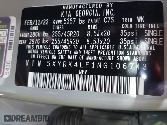 2022 Kia Sorento SX with VIN 5XYRK4LF1NG106743, listed as a IAAI auction lot 41770050 with 51,374 mi miles and . Bid and sale history available at DreamBid. Image 9.