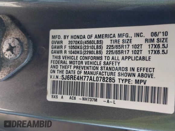 2010 Honda CR-V EX-L with VIN 5J6RE4H77AL078285, listed as a IAAI auction lot 42246405 with 200,037 mi miles and . Bid and sale history available at DreamBid. Image 9.