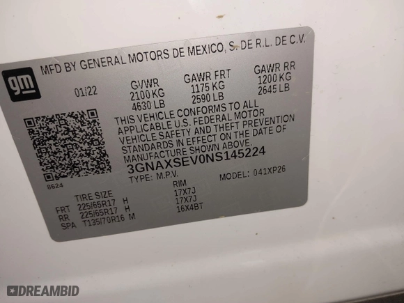 2022 Chevrolet Equinox LS with VIN 3GNAXSEV0NS145224, listed as a IAAI auction lot 41345234 with 51,134 mi miles. Bid and sale history available at carsss.com. Image 9.