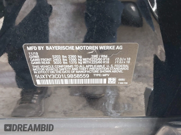 2020 BMW X3 sDrive30i with VIN 5UXTY3C01L9B58559, listed as a IAAI auction lot 41531605 with 120,594 mi miles and . Bid and sale history available at DreamBid. Image 9.