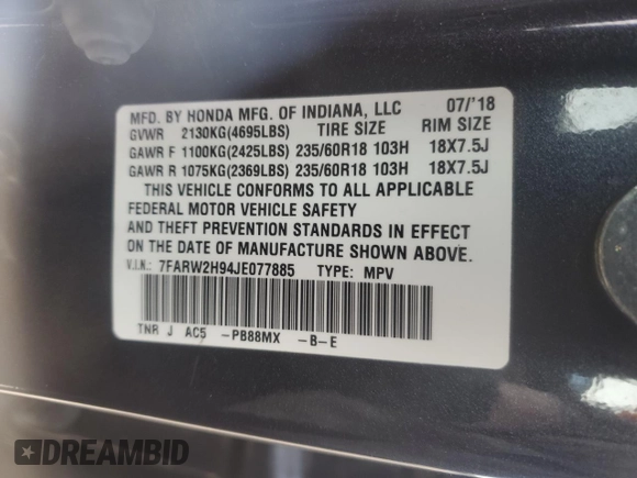 2018 Honda CR-V Touring z VIN 7FARW2H94JE077885, wystawiony jako Copart lot #55451345 z przebiegiem 133 964 mil mil oraz Szkoda całkowita • Salvage title. Historia ofert i sprzedaży dostępna na DreamBid. Obrazek 12.