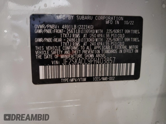 2023 Subaru Forester with VIN JF2SKACC9PH403857, listed as a Copart auction lot 44797045 with 23,552 mi miles and Salvage title. Bid and sale history available at DreamBid. Image 13.