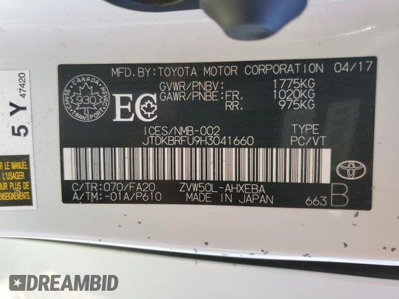 2017 Toyota Prius Two with VIN JTDKBRFU9H3041660, listed as a Copart auction lot 55692955 with 306,272 mi miles and Clean Title. Bid and sale history available at DreamBid. Image 12.