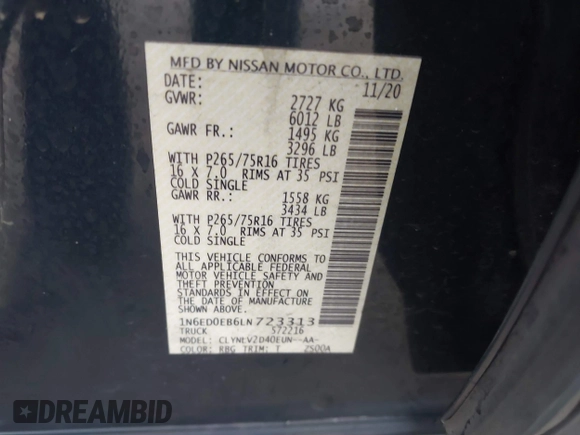 2020 Nissan Frontier SV с VIN 1N6ED0EB6LN723313, выставлен на аукционе IAAI как лот 41101142 с пробегом 20 255 миль миль и . История ставок и продаж доступна на DreamBid. Изображение 9.