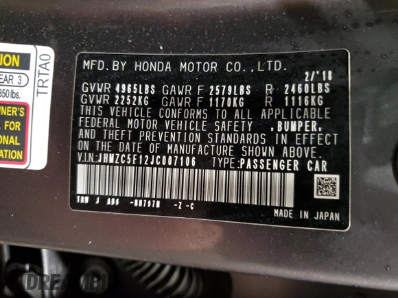 2018 Honda Clarity Plug-In Hybrid with VIN JHMZC5F12JC007106, listed as a Copart auction lot 41436974 with 58,530 mi miles. Bid and sale history available at carsss.com. Image 12.