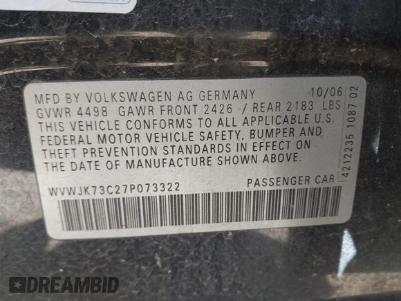 2007 Volkswagen Passat with VIN WVWJK73C27P073322, listed as a IAAI auction lot 41770399 with 137,738 mi miles and . Bid and sale history available at DreamBid. Image 9.