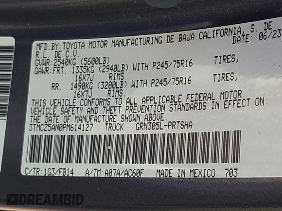 2023 Toyota Tacoma SR with VIN 3TMCZ5AN0PM614127, listed as a IAAI auction lot 41974924 with 12,674 mi miles and . Bid and sale history available at DreamBid. Image 9.