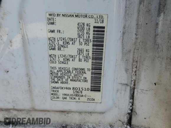 2019 Nissan NV SV with VIN 1N6AF0KY4KN801510, listed as a Copart auction lot 50055195 with 123,660 mi miles and Salvage title. Bid and sale history available at DreamBid. Image 12.