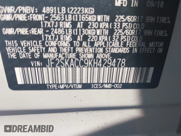 2019 Subaru Forester with VIN JF2SKACC9KH429478, listed as a IAAI auction lot 41699521 with 45,249 mi miles. Bid and sale history available at carsss.com. Image 9.
