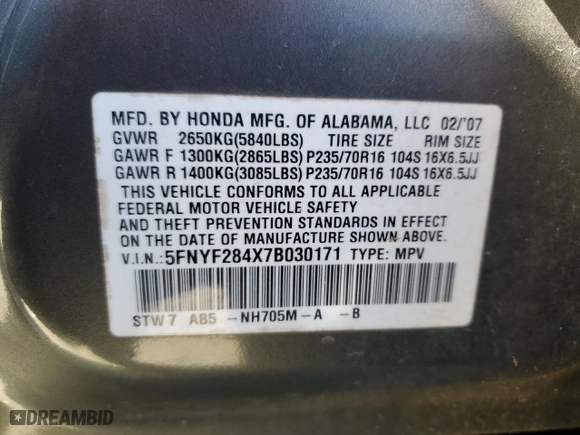 2007 Honda Pilot EX with VIN 5FNYF284X7B030171, listed as a Copart auction lot 43375145 with 200,169 mi miles and Salvage Title. Bid and sale history available at carsss.com. Image 15.