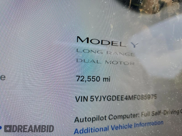 2021 Tesla Model Y Long Range z VIN 5YJYGDEE4MF085975, wystawiony jako Copart lot #58838485 z przebiegiem 72 550 mil mil oraz Szkoda całkowita • Salvage title. Historia ofert i sprzedaży dostępna na DreamBid. Obrazek 9.