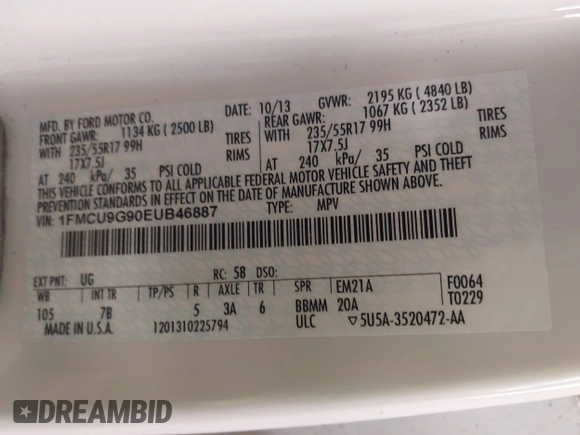 2014 Ford Escape SE с VIN 1FMCU9G90EUB46887, выставлен на аукционе IAAI как лот 41694248 с пробегом 117 698 миль миль и . История ставок и продаж доступна на DreamBid. Изображение 9.