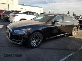 2018 Genesis G90 5.0L Ultimate with VIN KMHG54JH9JU038974, listed as a Copart auction lot 76321104 with 106,221 mi miles and Salvage Title. Bid and sale history available at carsss.com. Image 1.