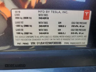 2019 Tesla Model S 75D with VIN 5YJSA1E2XKF305595, listed as a Copart auction lot 51838965 with Not provided miles and Salvage title. Bid and sale history available at DreamBid. Image 14.