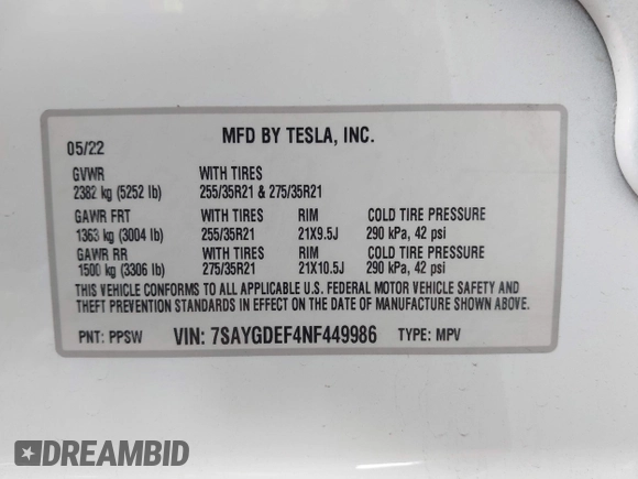 2022 Tesla Model Y Performance with VIN 7SAYGDEF4NF449986, listed as a IAAI auction lot 41754916 with 64,384 mi miles and . Bid and sale history available at DreamBid. Image 9.