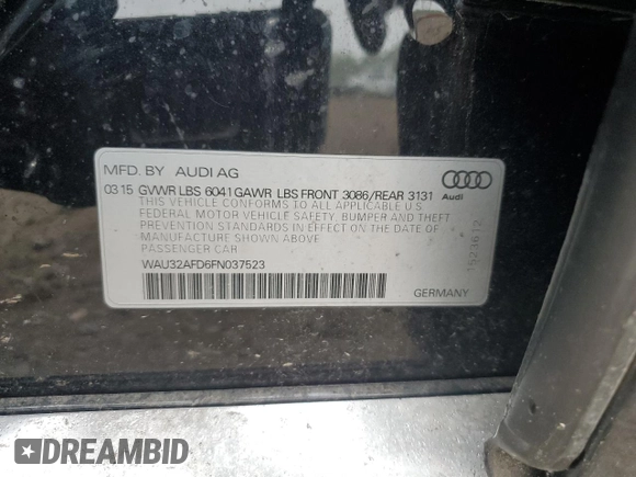 2015 Audi A8 4.0T with VIN WAU32AFD6FN037523, listed as a Copart auction lot 59757555 with 146,463 mi miles and Clean title. Bid and sale history available at DreamBid. Image 12.