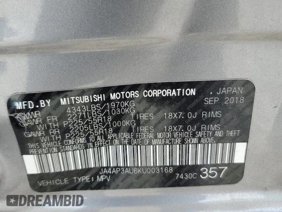 2019 Mitsubishi Outlander ES with VIN JA4AP3AU6KU003168, listed as a Copart auction lot 57588425 with 149,572 mi miles and Salvage title. Bid and sale history available at DreamBid. Image 13.