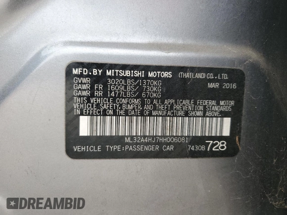 2017 Mitsubishi Mirage SE z VIN ML32A4HJ7HH006081, wystawiony jako Copart lot #53053845 z przebiegiem 40 711 mil mil oraz Szkoda całkowita • Salvage title. Historia ofert i sprzedaży dostępna na DreamBid. Obrazek 14.