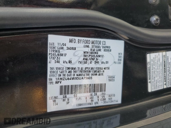 2005 Ford Explorer Eddie Bauer z VIN 1FMZU64WX5UA75605, wystawiony jako Copart lot #47082575 z przebiegiem Nie podano mil oraz Szkoda całkowita • Salvage title. Historia ofert i sprzedaży dostępna na DreamBid. Obrazek 15.