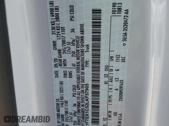 2020 Ford F-150 XL with VIN 1FTEX1C52LKF57905, listed as a Copart auction lot 52143765 with 76,855 mi miles and Salvage Title. Bid and sale history available at DreamBid. Image 12.
