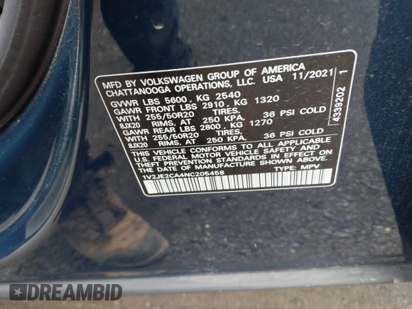2022 Volkswagen Atlas SE с VIN 1V2JE2CA4NC205458, выставлен на аукционе IAAI как лот 42176005 с пробегом 125 429 миль миль и . История ставок и продаж доступна на DreamBid. Изображение 9.