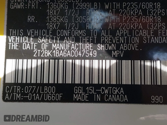 2010 Lexus RX 350 with VIN 2T2BK1BA6AC047549, listed as a IAAI auction lot 42411123 with 196,483 mi miles and . Bid and sale history available at DreamBid. Image 9.