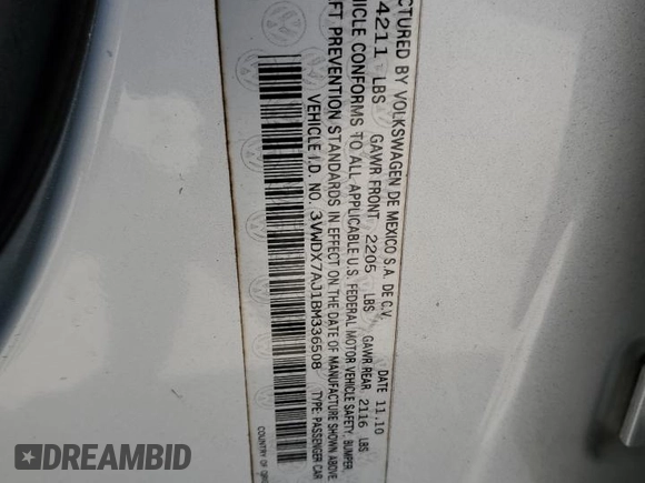 2011 Volkswagen Jetta Sedan SE with VIN 3VWDX7AJ1BM336508, listed as a Copart auction lot 51166435 with 114,963 mi miles and Clean Title. Bid and sale history available at carsss.com. Image 12.