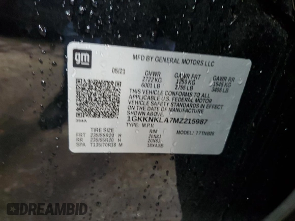 2021 GMC Acadia SLE z VIN 1GKKNKLA7MZ215987, wystawiony jako Copart lot #55737615 z przebiegiem 39 096 mil mil oraz Szkoda całkowita • Salvage title. Historia ofert i sprzedaży dostępna na DreamBid. Obrazek 14.