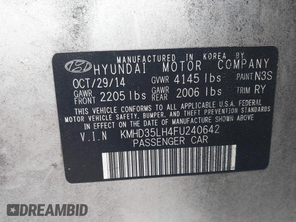 2015 Hyundai Elantra with VIN KMHD35LH4FU240642, listed as a IAAI auction lot 42196394 with 120,499 mi miles and . Bid and sale history available at DreamBid. Image 9.