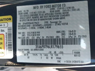 2020 Ford Fusion SE with VIN 3FA6P0T96LR179655, listed as a IAAI auction lot 41796399 with 54,089 mi miles and . Bid and sale history available at DreamBid. Image 9.
