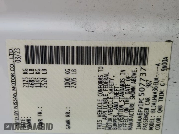 2023 Nissan Maxima Platinum with VIN 1N4AA6FV1PC507737, listed as a Copart auction lot 45712415 with 28,135 mi miles and Salvage title. Bid and sale history available at DreamBid. Image 12.