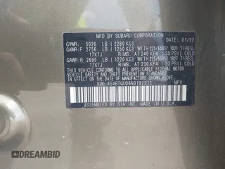2022 Subaru Outback Wilderness с VIN 4S4BTGUD6N3192211, выставлен на аукционе IAAI как лот 42559027 с пробегом 31 583 миль миль и . История ставок и продаж доступна на DreamBid. Изображение 9.