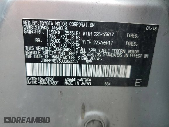 2018 Toyota RAV4 LE with VIN JTMBFREV3JJ206523, listed as a Copart auction lot 62723325 with 188,761 mi miles and Clean title. Bid and sale history available at DreamBid. Image 14.