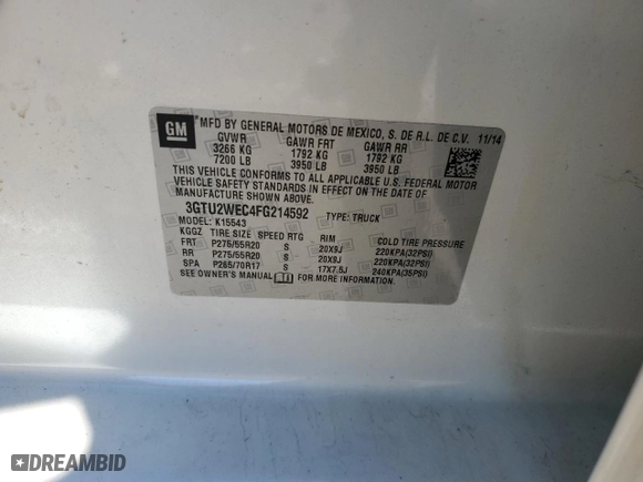 2015 GMC Sierra 1500 Denali with VIN 3GTU2WEC4FG214592, listed as a Copart auction lot 88692675 with 111,564 mi miles and Clean Title. Bid and sale history available at carsss.com. Image 13.