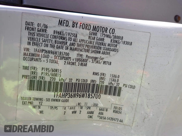 2006 Ford Focus SE with VIN 1FAHP36N96W185700, listed as a IAAI auction lot 41832038 with Not Provided miles and . Bid and sale history available at carsss.com. Image 9.