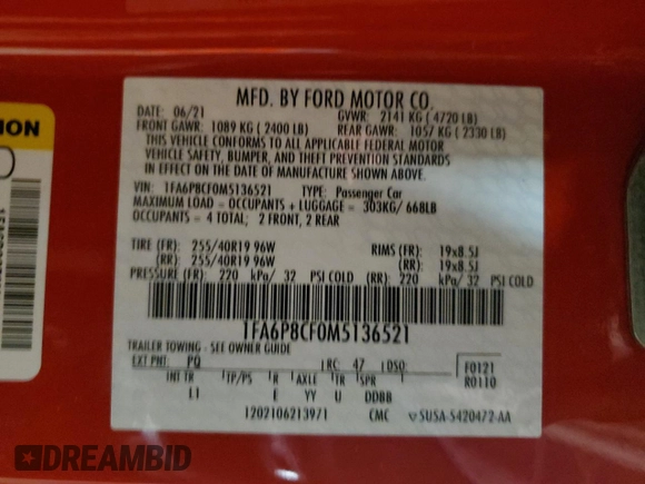 2021 Ford Mustang GT with VIN 1FA6P8CF0M5136521, listed as a Copart auction lot 54514955 with 16,394 mi miles and Salvage title. Bid and sale history available at DreamBid. Image 12.