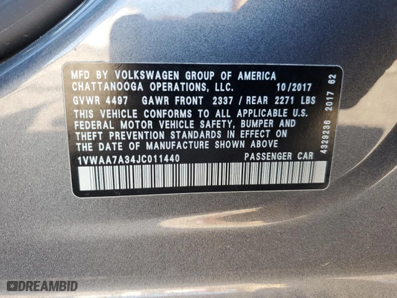 2018 Volkswagen Passat 2.0T S with VIN 1VWAA7A34JC011440, listed as a Copart auction lot 88107165 with 160,290 mi miles and Salvage Title. Bid and sale history available at carsss.com. Image 12.