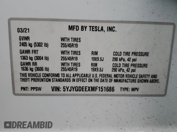 2021 Tesla Model Y Long Range with VIN 5YJYGDEEXMF151686, listed as a Copart auction lot 53903115 with 65,321 mi miles and Salvage Title. Bid and sale history available at DreamBid. Image 13.