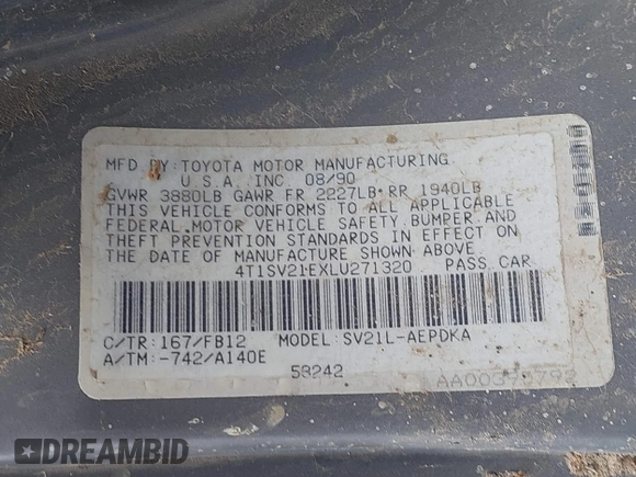 1990 Toyota Camry DLX z VIN 4T1SV21EXLU271320, wystawiony jako IAAI lot #41798353 z przebiegiem 269 178 mil mil oraz . Historia ofert i sprzedaży dostępna na DreamBid. Obrazek 9.
