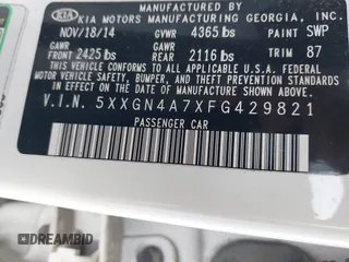 2015 Kia Optima EX with VIN 5XXGN4A7XFG429821, listed as a IAAI auction lot 41707204 with 134,383 mi miles. Bid and sale history available at carsss.com. Image 9.